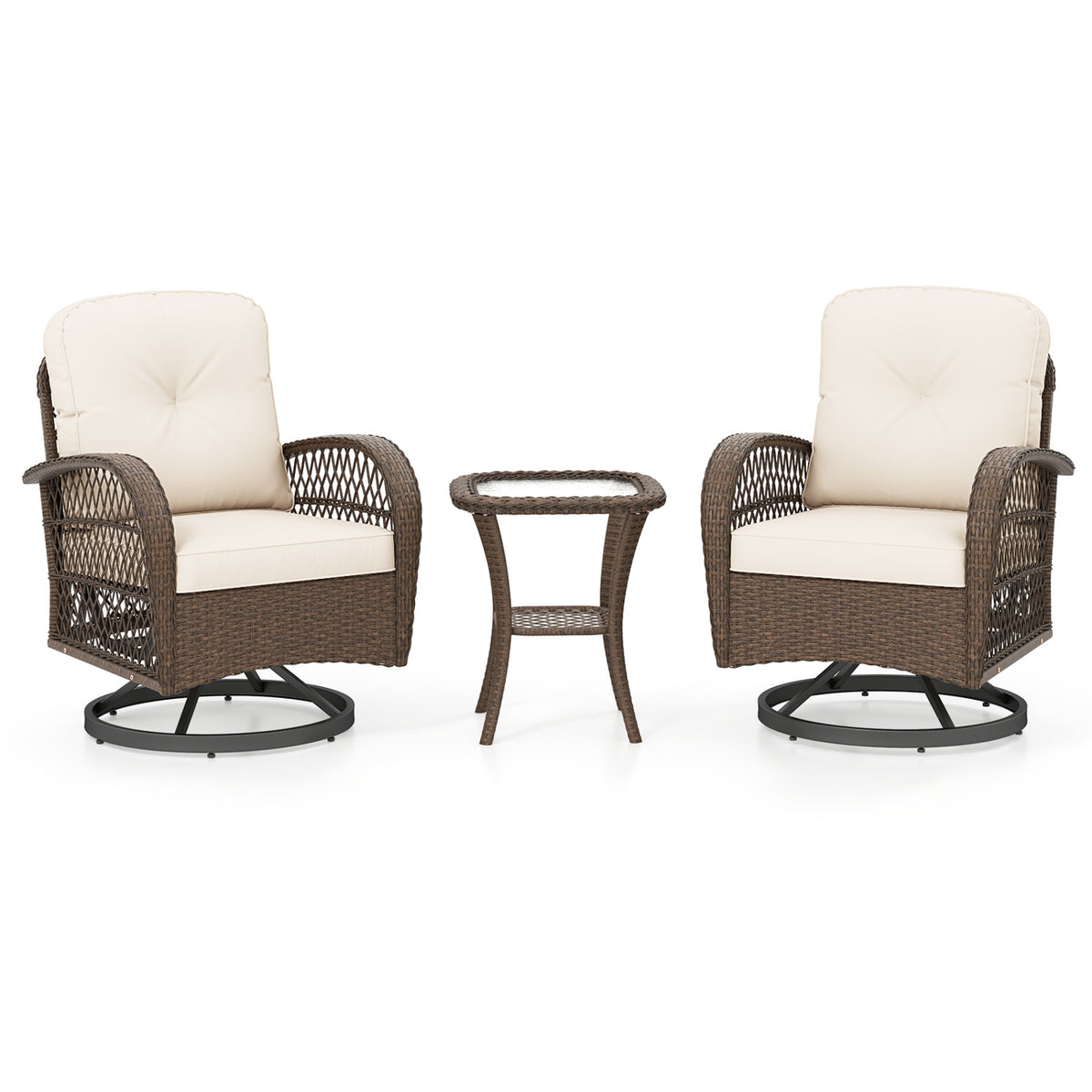 3 Piece Patio Swivel Rocker Set with Tempered Glass Side Table and Thick Cushions-White