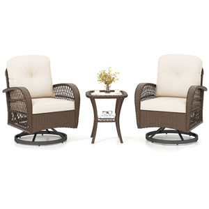 3 Piece Patio Swivel Rocker Set with Tempered Glass Side Table and Thick Cushions-White