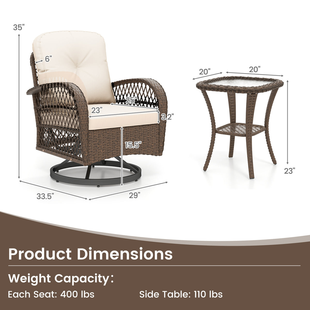 3 Piece Patio Swivel Rocker Set with Tempered Glass Side Table and Thick Cushions-White