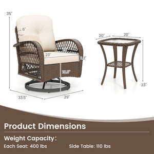 3 Piece Patio Swivel Rocker Set with Tempered Glass Side Table and Thick Cushions-White