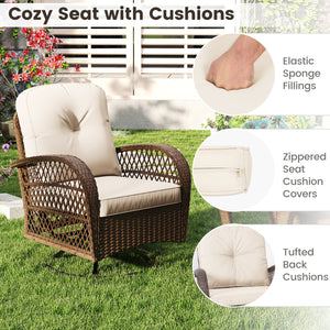 3 Piece Patio Swivel Rocker Set with Tempered Glass Side Table and Thick Cushions-White