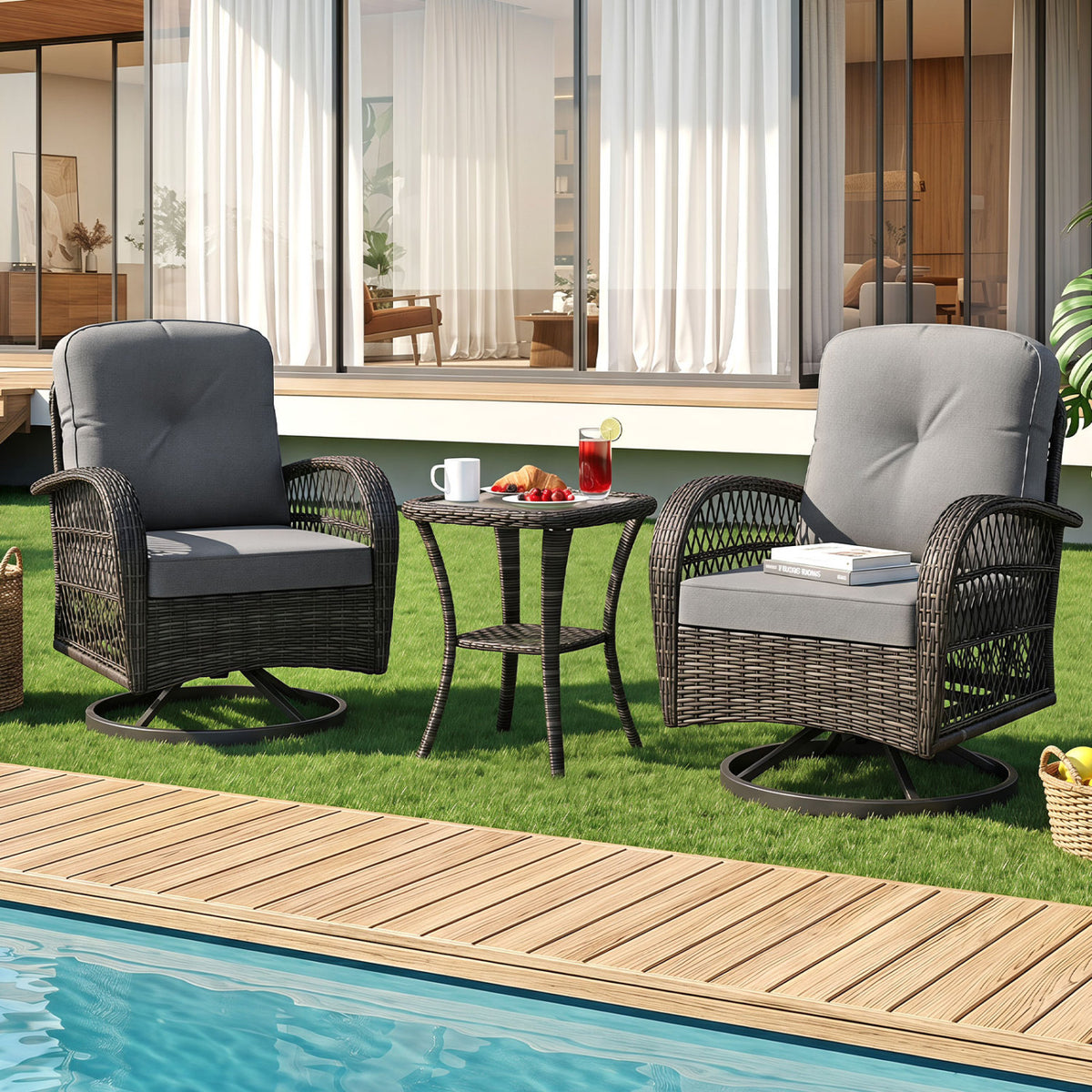 3 Piece Patio Swivel Rocker Set with Tempered Glass Side Table and Thick Cushions-Dark Gray