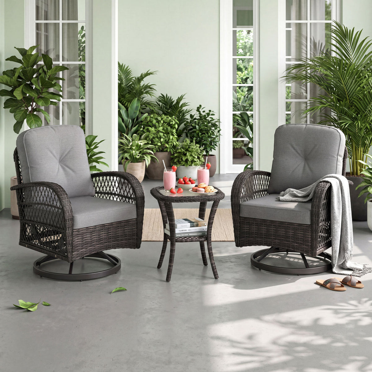 3 Piece Patio Swivel Rocker Set with Tempered Glass Side Table and Thick Cushions-Dark Gray