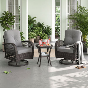 3 Piece Patio Swivel Rocker Set with Tempered Glass Side Table and Thick Cushions-Dark Gray