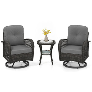 3 Piece Patio Swivel Rocker Set with Tempered Glass Side Table and Thick Cushions-Dark Gray