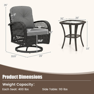 3 Piece Patio Swivel Rocker Set with Tempered Glass Side Table and Thick Cushions-Dark Gray
