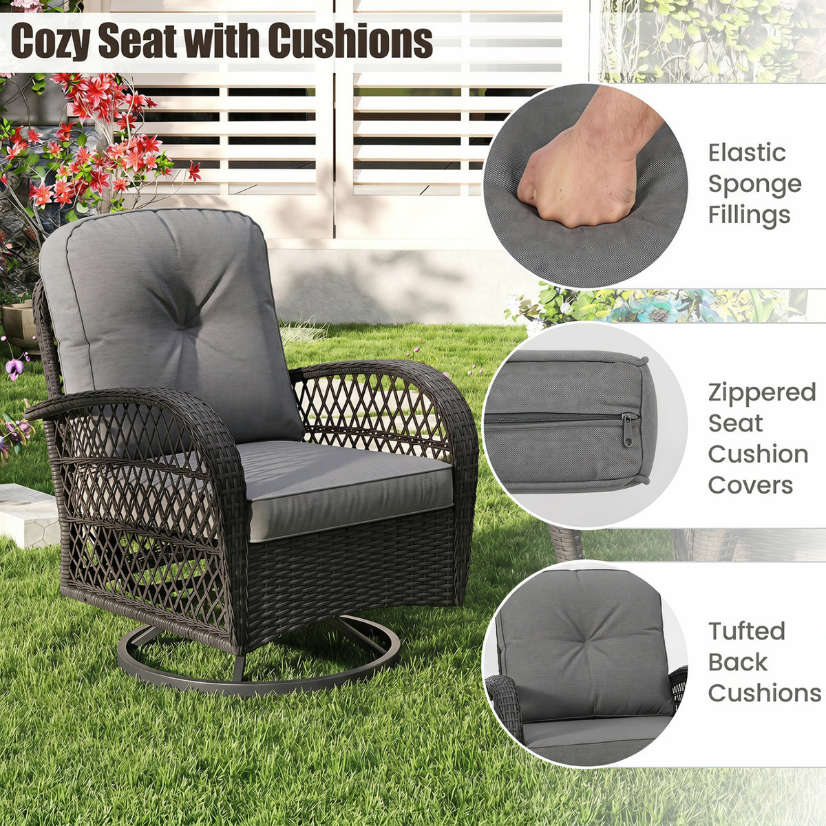 3 Piece Patio Swivel Rocker Set with Tempered Glass Side Table and Thick Cushions-Dark Gray