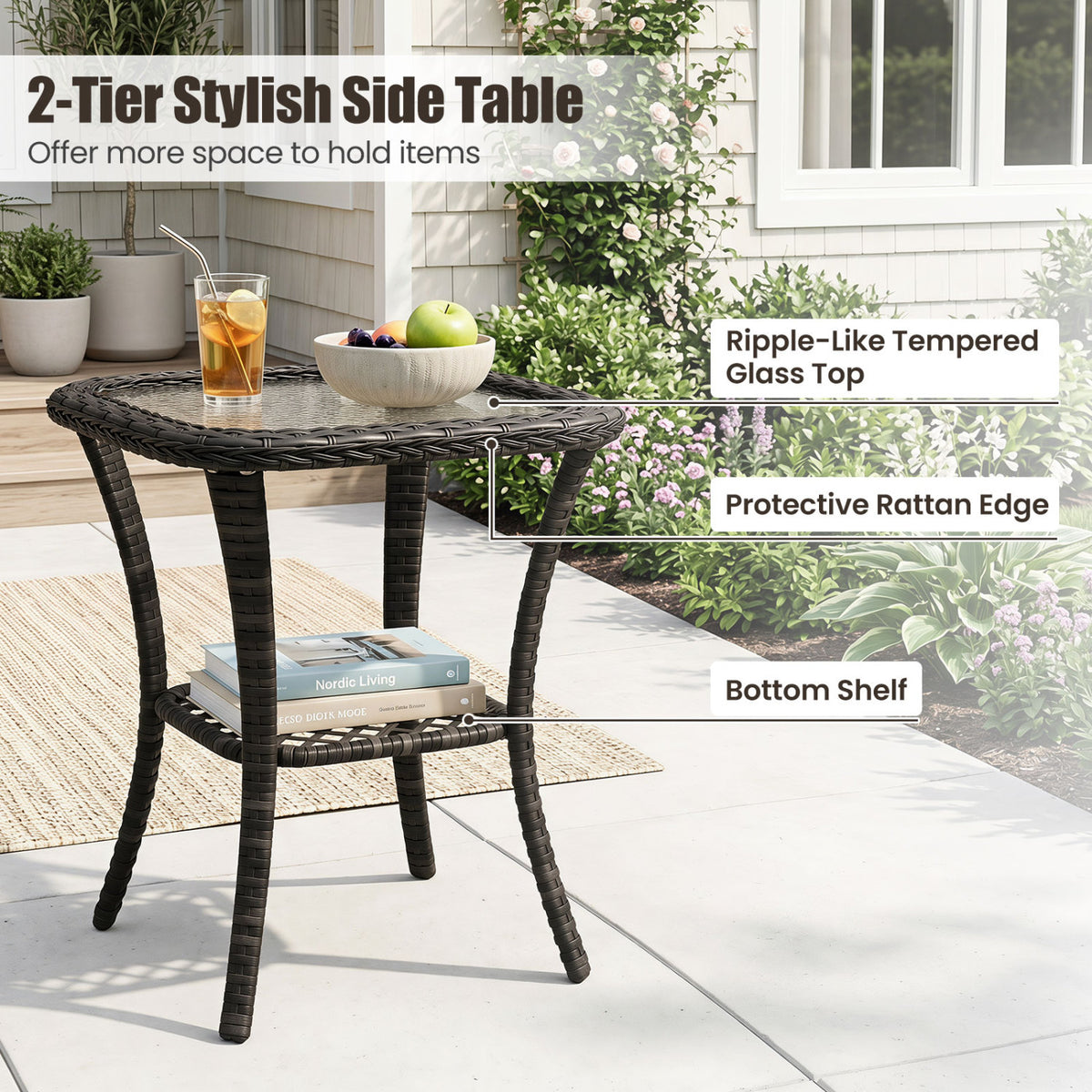 3 Piece Patio Swivel Rocker Set with Tempered Glass Side Table and Thick Cushions-Dark Gray