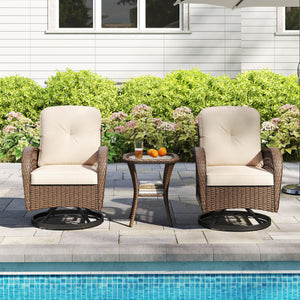 3 Piece Patio Swivel Rocker Set with Tempered Glass Side Table and Thick Cushions-Brown