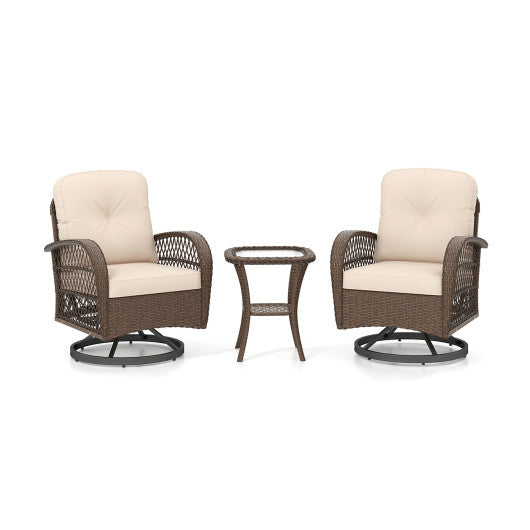 3 Piece Patio Swivel Rocker Set with Tempered Glass Side Table and Thick Cushions-Brown