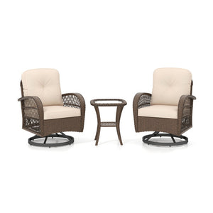 3 Piece Patio Swivel Rocker Set with Tempered Glass Side Table and Thick Cushions-Brown