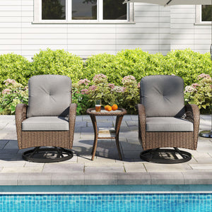 3 Piece Patio Swivel Rocker Set with Tempered Glass Side Table and Thick Cushions-Gray