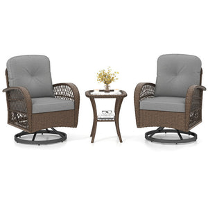 3 Piece Patio Swivel Rocker Set with Tempered Glass Side Table and Thick Cushions-Gray
