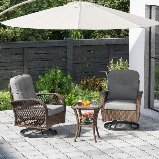 3 Piece Patio Swivel Rocker Set with Tempered Glass Side Table and Thick Cushions-Gray