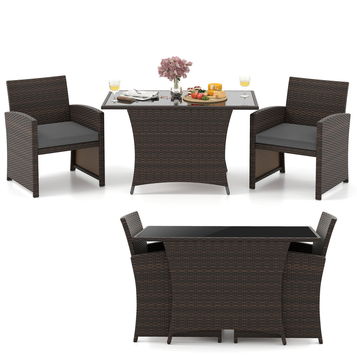 3 Piece Patio Wicker Dining Set with Rectangle Tempered Glass Dining Table-Gray