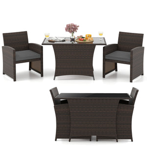 3 Piece Patio Wicker Dining Set with Rectangle Tempered Glass Dining Table-Gray