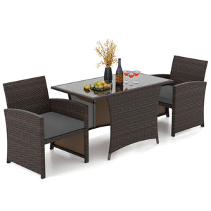 3 Piece Patio Wicker Dining Set with Rectangle Tempered Glass Dining Table-Gray