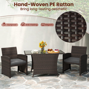 3 Piece Patio Wicker Dining Set with Rectangle Tempered Glass Dining Table-Gray