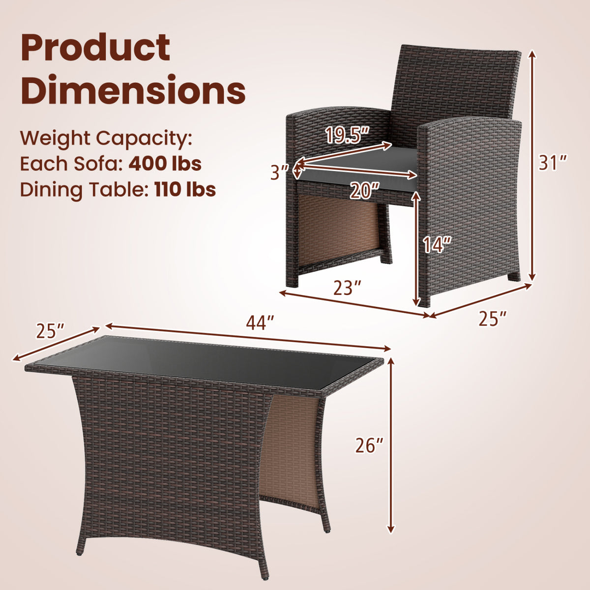 3 Piece Patio Wicker Dining Set with Rectangle Tempered Glass Dining Table-Brown