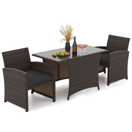 3 Piece Patio Wicker Dining Set with Rectangle Tempered Glass Dining Table-Brown
