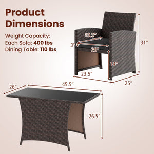 3 Piece Patio Wicker Dining Set with Rectangle Tempered Glass Dining Table-Brown