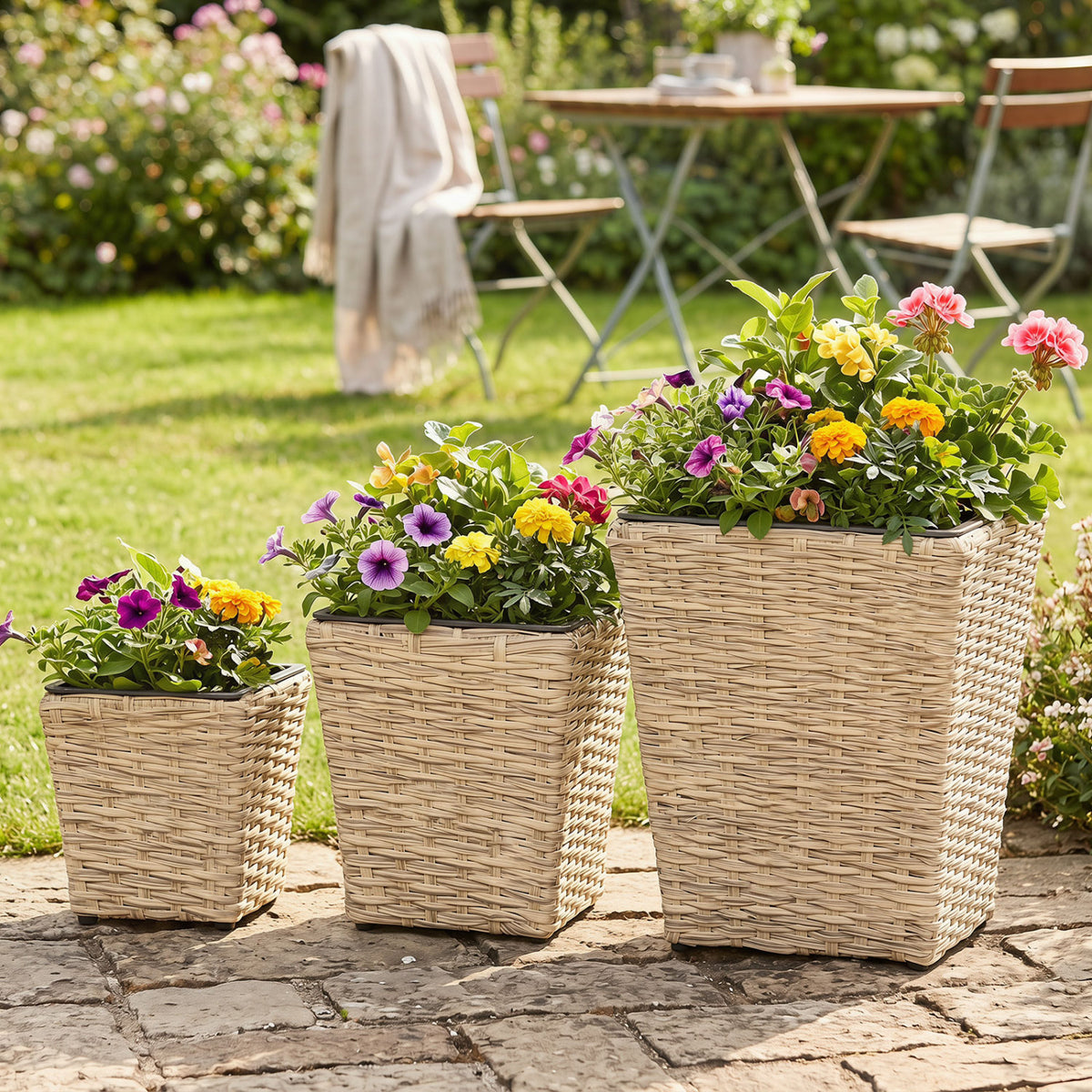 3-Piece Rattan Planter Box Kit with Removable Plastic Liners - Natural