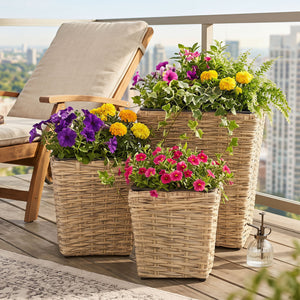 3-Piece Rattan Planter Box Kit with Removable Plastic Liners - Natural