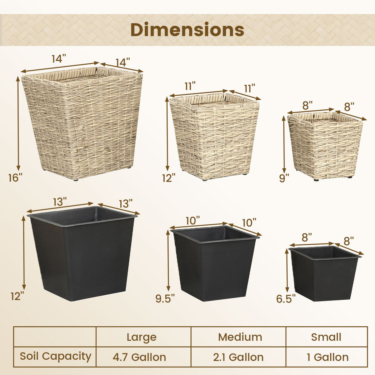 3-Piece Rattan Planter Box Kit with Removable Plastic Liners - Natural