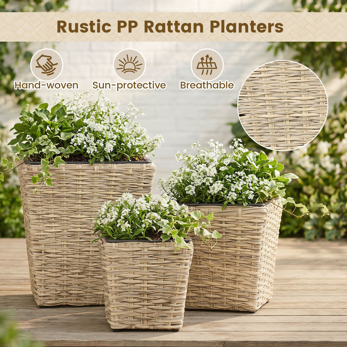 3-Piece Rattan Planter Box Kit with Removable Plastic Liners - Natural