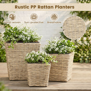 3-Piece Rattan Planter Box Kit with Removable Plastic Liners - Natural