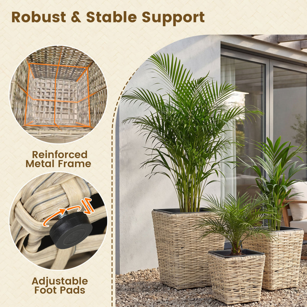 3-Piece Rattan Planter Box Kit with Removable Plastic Liners - Natural