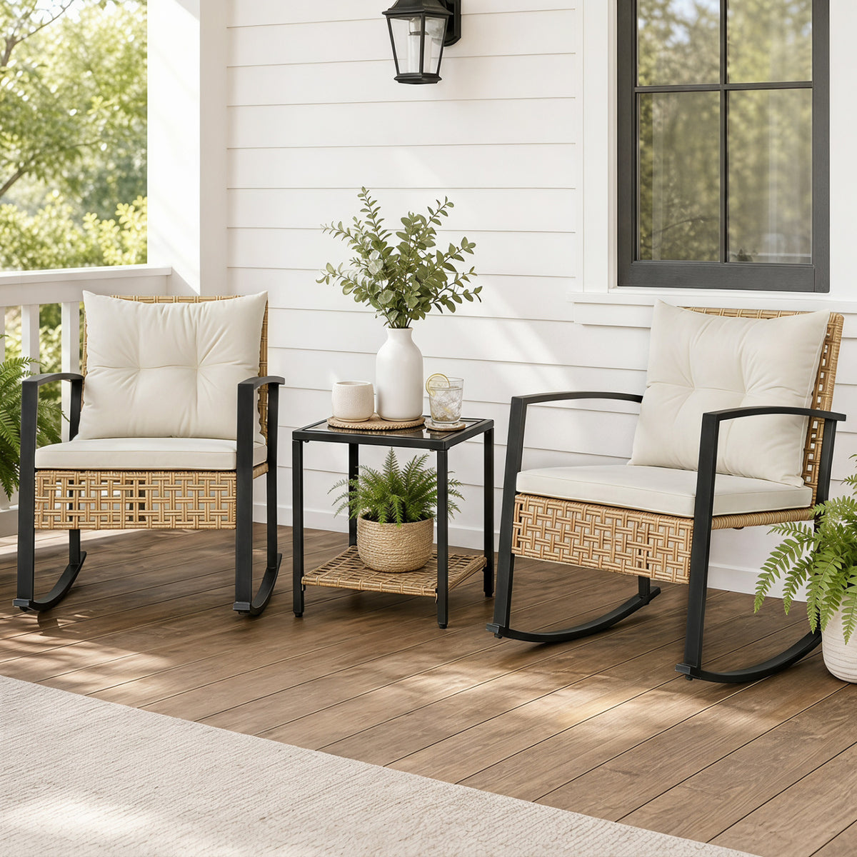 3-Piece Rattan Wicker Patio Conversation Set for Porch Balcony Garden Backyard-White