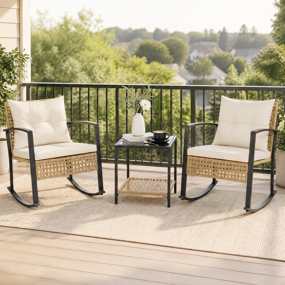 3-Piece Rattan Wicker Patio Conversation Set for Porch Balcony Garden Backyard-White