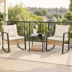 3-Piece Rattan Wicker Patio Conversation Set for Porch Balcony Garden Backyard-White