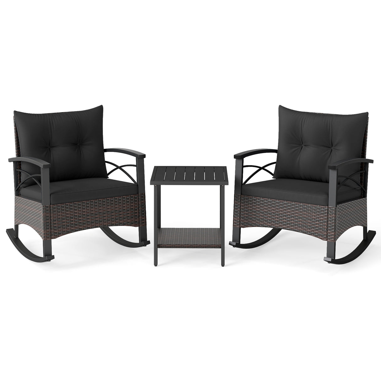 3 Piece Rocking Bistro Set PE Rattan Rocker Chairs with Acacia Wood Top Table-Black