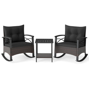 3 Piece Rocking Bistro Set PE Rattan Rocker Chairs with Acacia Wood Top Table-Black