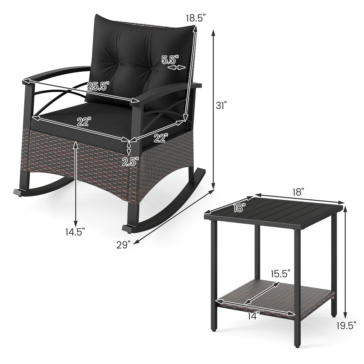 3 Piece Rocking Bistro Set PE Rattan Rocker Chairs with Acacia Wood Top Table-Black