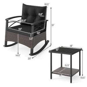 3 Piece Rocking Bistro Set PE Rattan Rocker Chairs with Acacia Wood Top Table-Black