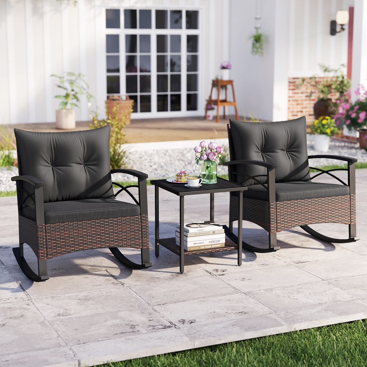 3 Piece Rocking Bistro Set PE Rattan Rocker Chairs with Acacia Wood Top Table-Black