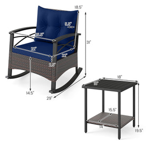 3 Piece Rocking Bistro Set PE Rattan Rocker Chairs with Acacia Wood Top Table-Navy