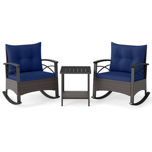 3 Piece Rocking Bistro Set PE Rattan Rocker Chairs with Acacia Wood Top Table-Navy