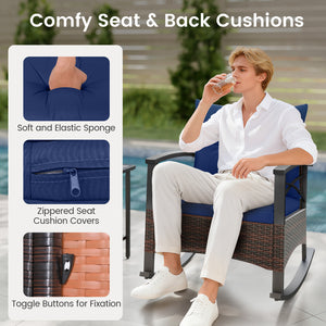3 Piece Rocking Bistro Set PE Rattan Rocker Chairs with Acacia Wood Top Table-Navy