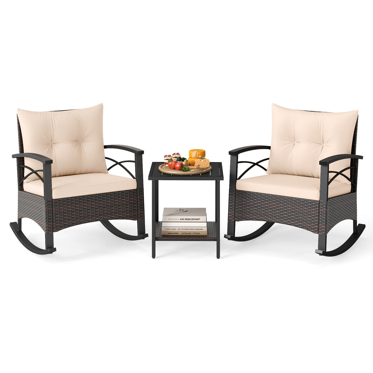 3 Piece Rocking Bistro Set PE Rattan Rocker Chairs with Acacia Wood Top Table-Beige