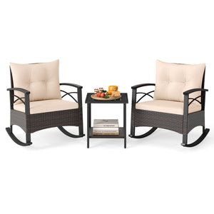 3 Piece Rocking Bistro Set PE Rattan Rocker Chairs with Acacia Wood Top Table-Beige