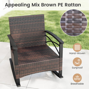 3 Piece Rocking Bistro Set PE Rattan Rocker Chairs with Acacia Wood Top Table-Beige