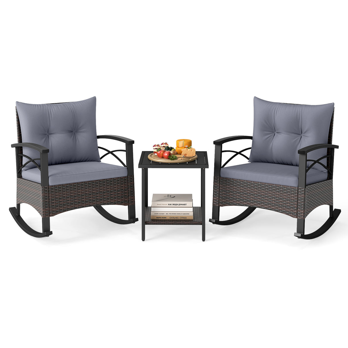 3 Piece Rocking Bistro Set PE Rattan Rocker Chairs with Acacia Wood Top Table-Gray