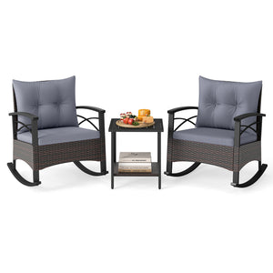 3 Piece Rocking Bistro Set PE Rattan Rocker Chairs with Acacia Wood Top Table-Gray