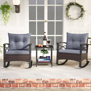 3 Piece Rocking Bistro Set PE Rattan Rocker Chairs with Acacia Wood Top Table-Gray