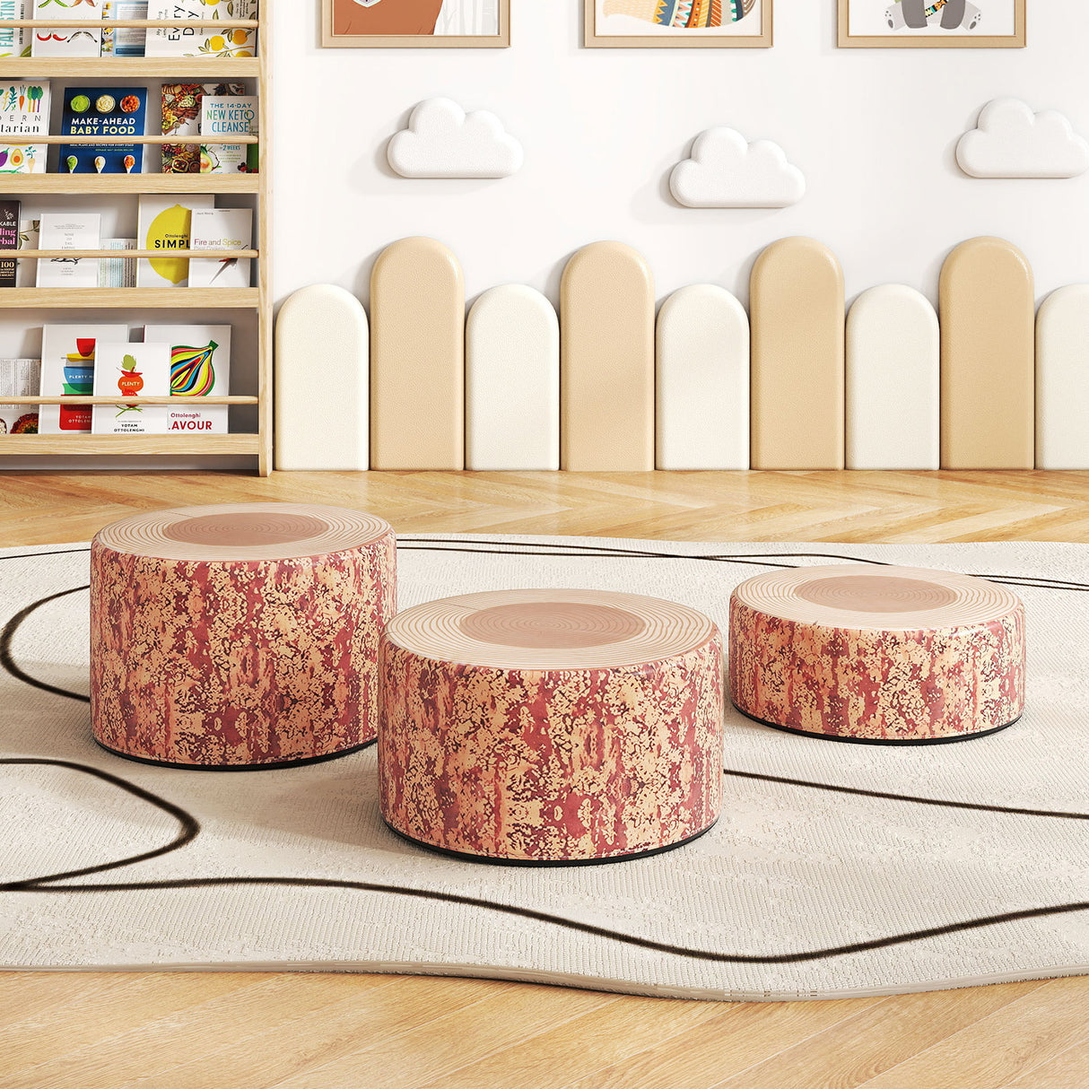 3-Piece Tree Stump Stool Set with Wood Printing Nature Decoration-Dark Walnut