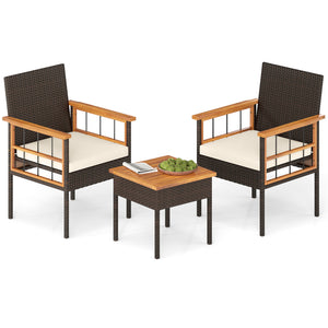 3 Piece Wicker Furniture Set with Acacia Wood Tabletop and Armrest for Balcony-White